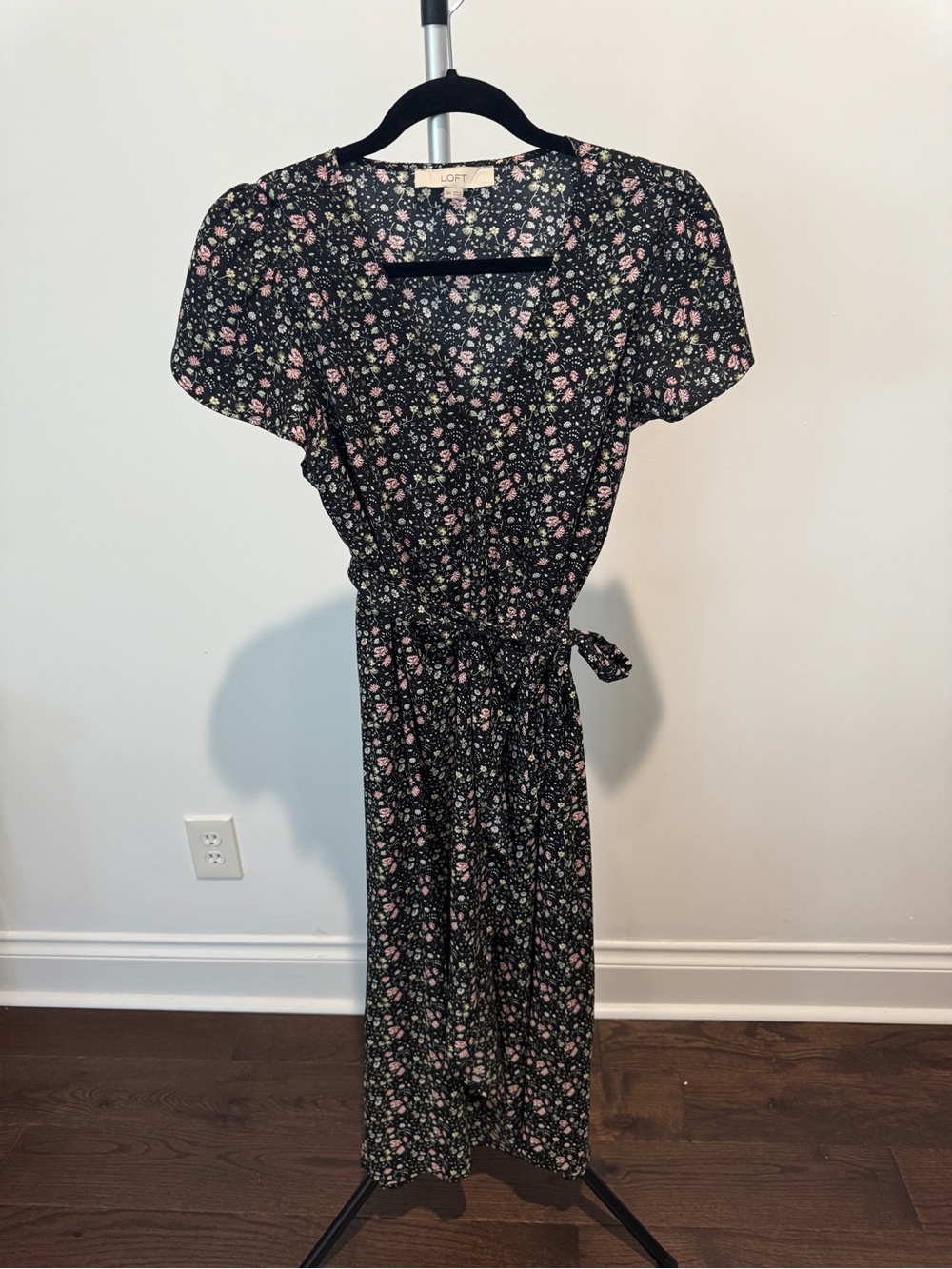 LOFT Black Floral Midi Wrap Dress with Pink & Green Accents